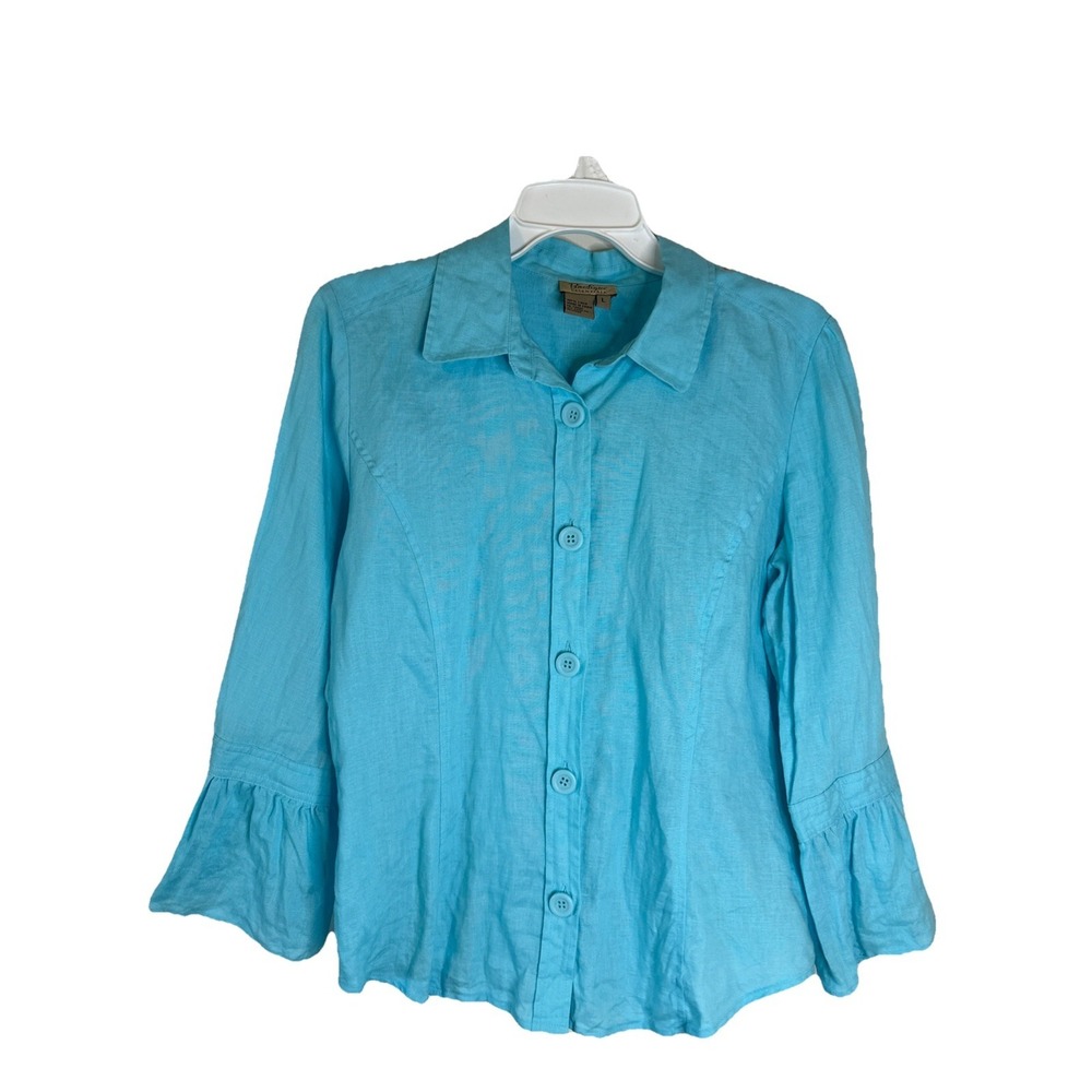 Boutique Essentials Turquoise Linen Shirt Flare Bell Slv Lagenlook Large